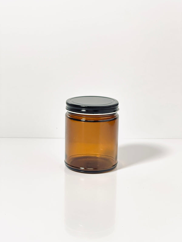 9oz Amber Straight Sided Jar - 70/400 Threaded w/ Lids - Peach State Candle Supply