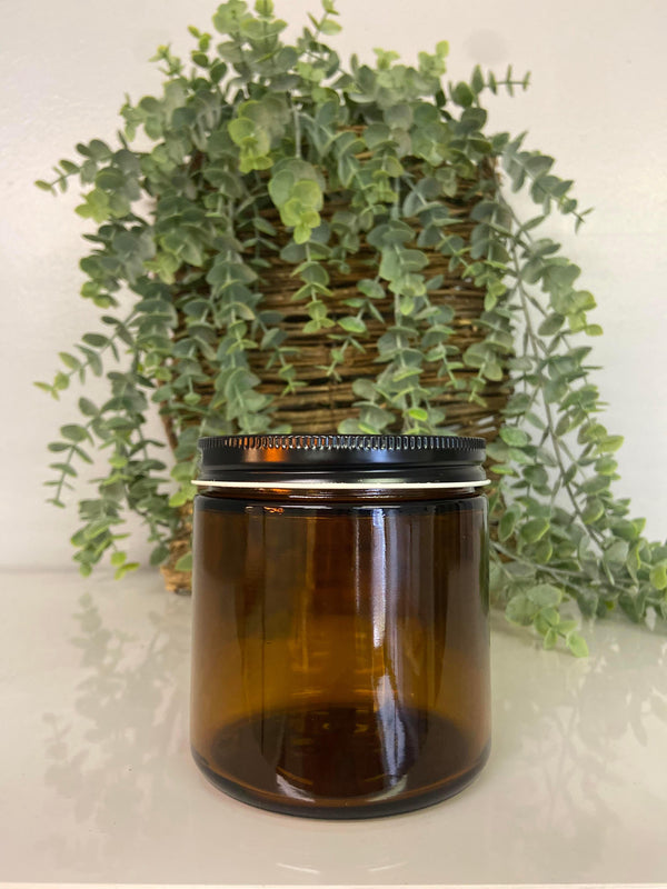 16oz Amber Straight Sided Jar - 89/400 Threaded w/ Black Lids - Peach State Candle Supply